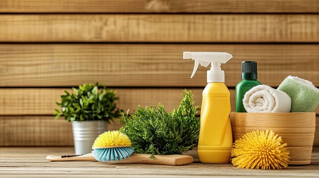A set of eco-friendly, plant-based cleaning products on a wooden countertop, symbolizing green choices for a cleaner summer environment.