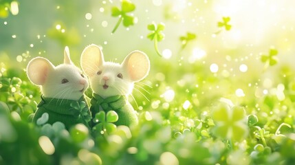 Lucky Charms Mice: Two adorable mice in green clovers, celebrating St. Patrick's Day in a whimsical, spring-like setting.  A charming image perfect for cards, calendars, or websites.