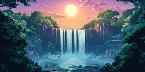 Serene Waterfall Landscape at Sunset with Ancient Temples