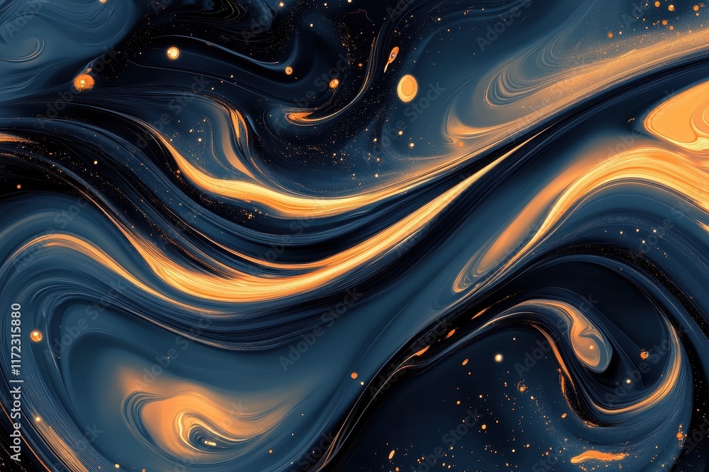 Wall mural abstract swirling patterns in deep blue and bright orange create a cosmic visual experience in a dig