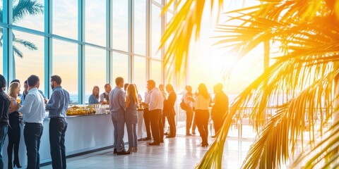 Business Networking by the Beach:  Professionals gather in a sun-drenched modern space,  exchanging ideas and connections.