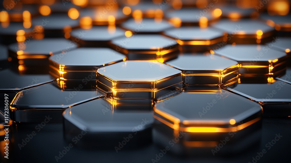 Wall mural abstract hexagonal metallic surface with glowing edges.