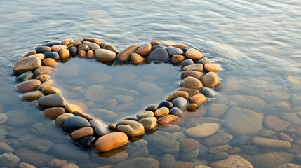 A tranquil riverbank with a heart-shaped pattern made from smooth pebbles near the water.