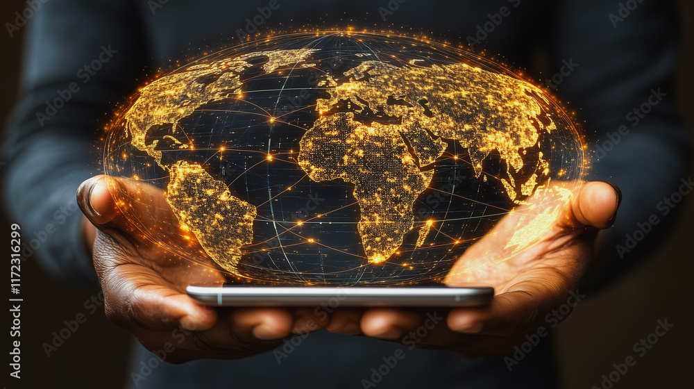 Poster global connection: a pair of hands cradles a smartphone, the screen glowing with a dynamic, intercon