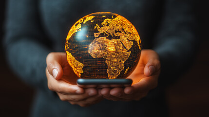 Connecting the World: A person's hands hold a smartphone, with a glowing globe hovering above, symbolizing global connection, digital innovation, and the power of technology to bridge distances. 