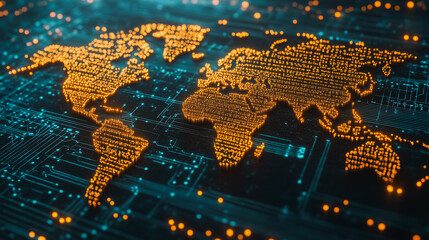 Global Connectivity: A mesmerizing digital illustration depicting the world map meticulously crafted from glowing circuits, symbolizing the interconnectedness and global reach of technology.  