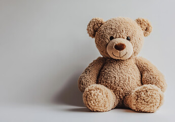 Obraz premium A charming brown teddy bear sitting upright on a clean white background, radiating warmth and innocence.