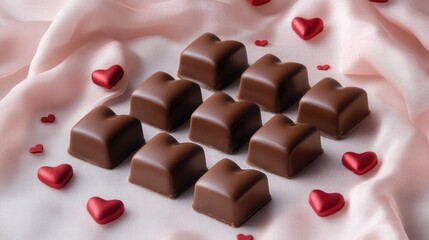 Fototapeta premium Heart-shaped chocolate boxes arranged neatly on a soft pink fabric with scattered small red hearts.