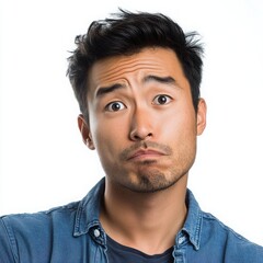 Fototapeta premium An Asian man with a skeptical look, head tilted and one eyebrow raised, on a white background 