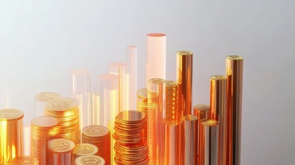 A bar graph with golden coins, financial growth element, 3D render, futuristic style, isolated on white background