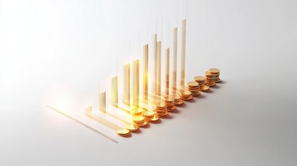 Obraz premium A bar graph with golden coins, financial growth element, 3D render, futuristic style, isolated on white background