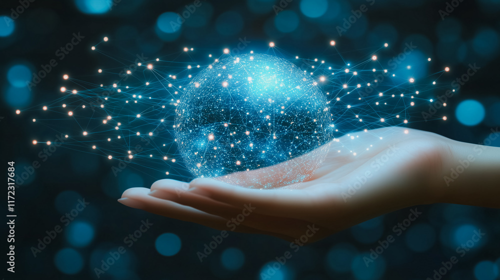 Poster global connectivity: a hand cradles a glowing orb of interconnected lines, symbolizing the power of 