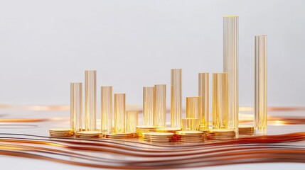 A bar graph with golden coins, financial growth element, 3D render, futuristic style, isolated on white background