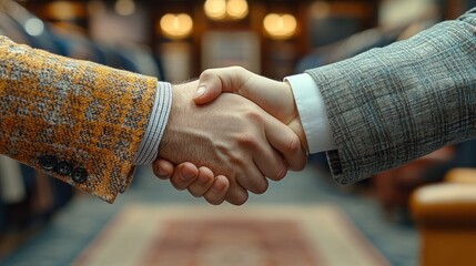 Two individuals shaking hands in a formal setting symbolizing agreement