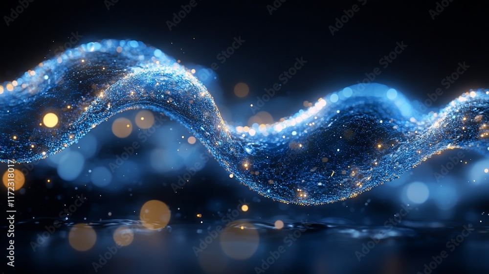 Wall mural abstract blue wave of particles with bokeh lights.