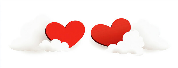Two red hearts nestled against a white background with fluffy cloud accents. The design uses simple shapes and soft pink hues, creating a cheerful and whimsical look with plenty of open space.
