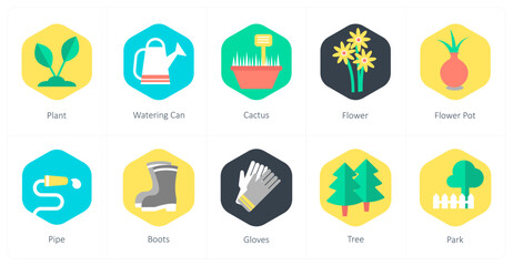 A set of 10 mix icons as plant, watering can, cactus