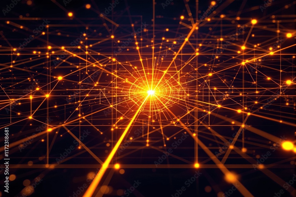 Poster abstract glowing orange light with interconnected lines and nodes, dark background, futuristic digit