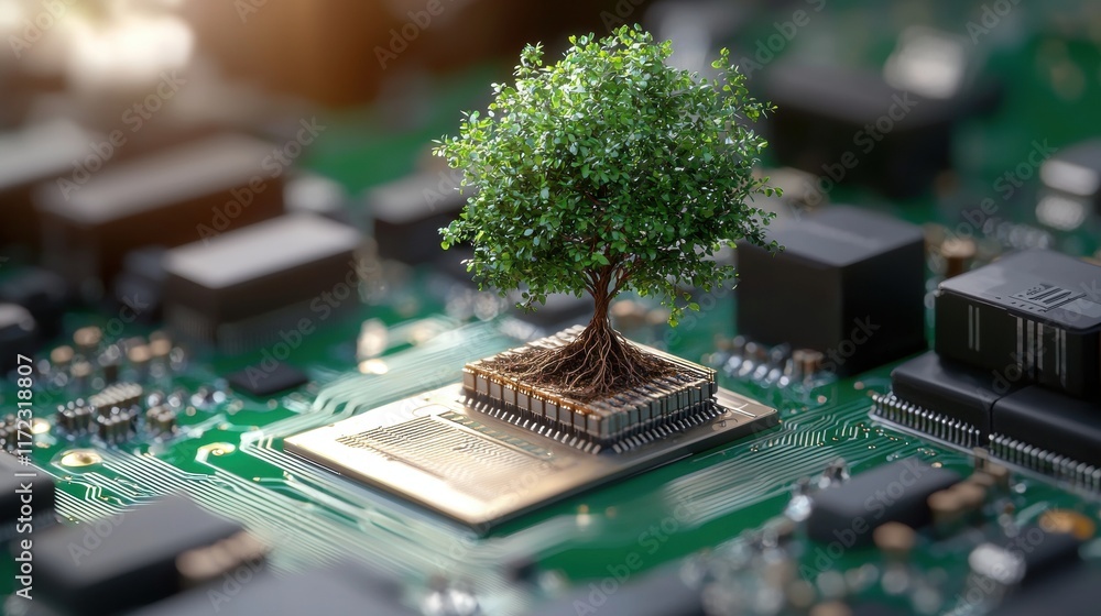 Poster a small tree grows from a computer chip, symbolizing the intersection of nature and technology in a 