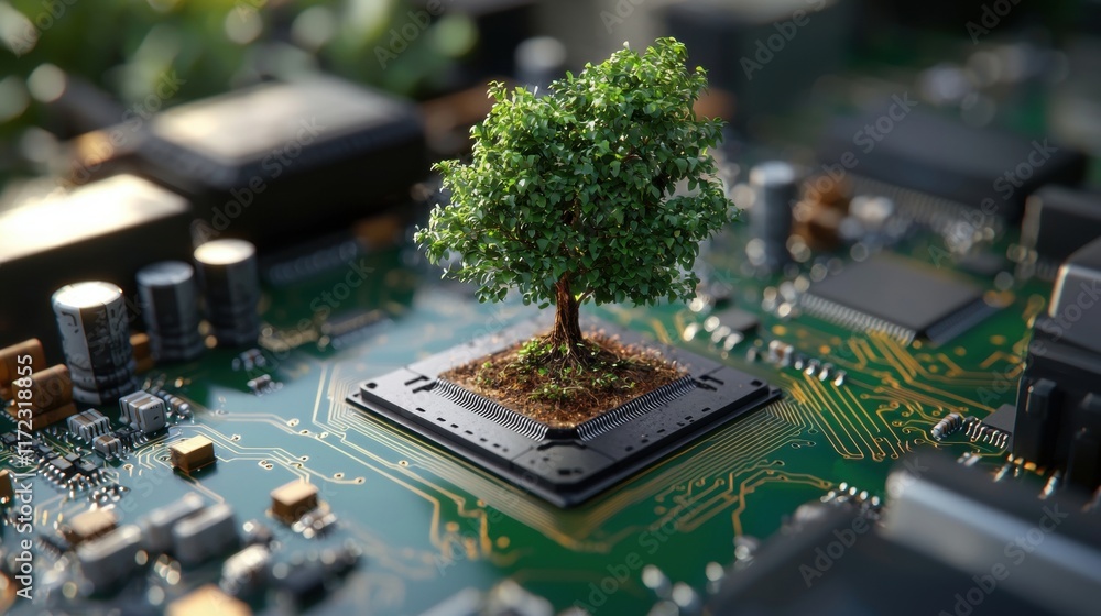 Poster a small tree grows from a computer chip, symbolizing the intersection of technology and nature.