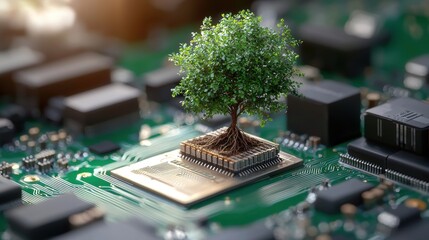 A small tree grows from a computer chip, symbolizing the intersection of nature and technology in a vibrant, digital environment.