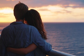 Fototapeta premium Romantic Couple Embracing at Sunset Ocean View Cruise Ship Deck