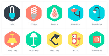 A set of 10 mix icons as light, led light, lantern