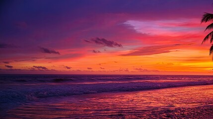 Fototapeta premium A vibrant tropical sunset with watercolor textures blending pink, orange, and violet hues, warm and dreamy abstract background. creative projects, nature-inspired designs, modern art themes wallpaper