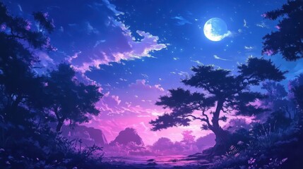 Serene Nighttime Forest Scene Under a Full Moon