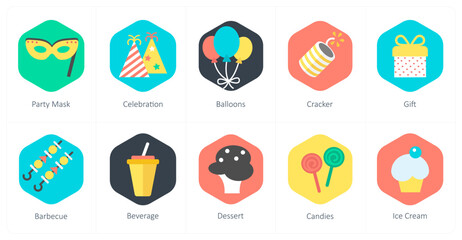 A set of 10 mix icons as party mask, celebration, balloons