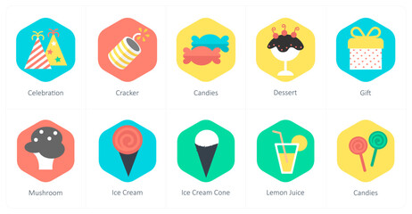 A set of 10 mix icons as celebration, cracker, candies