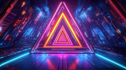 Fototapeta premium Neon triangle tunnel, vibrant colors, futuristic.
