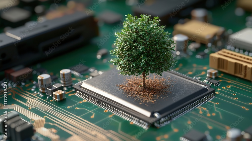 Poster a miniature tree grows from a computer chip, symbolizing the fusion of technology and nature.