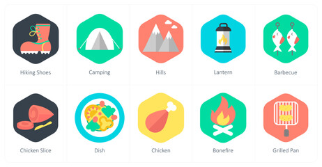 A set of 10 mix icons as hiking shoes, camping, hills, lantern