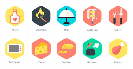 A set of 10 mix icons as apron, matchstick, dish
