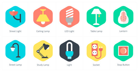 A set of 10 mix icons as street light, ceiling lamp, led light