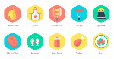 A set of 10 mix icons as kitchen glove, apron, grilled pan