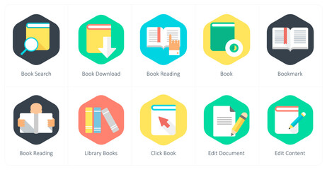 A set of 10 mix icons as book search, book download, book reading