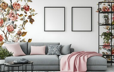 Floral wall art in modern living room.