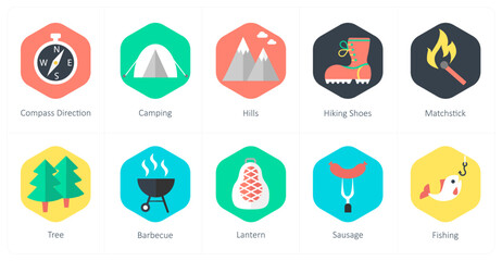 A set of 10 mix icons as compass direction, camping, hills