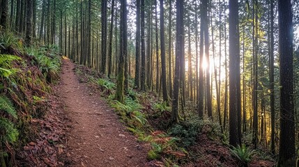 A serene forest path illuminated by sunlight, inviting exploration and tranquility.