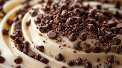 Fototapeta premium Close-up of chocolate chip frosting on dessert.