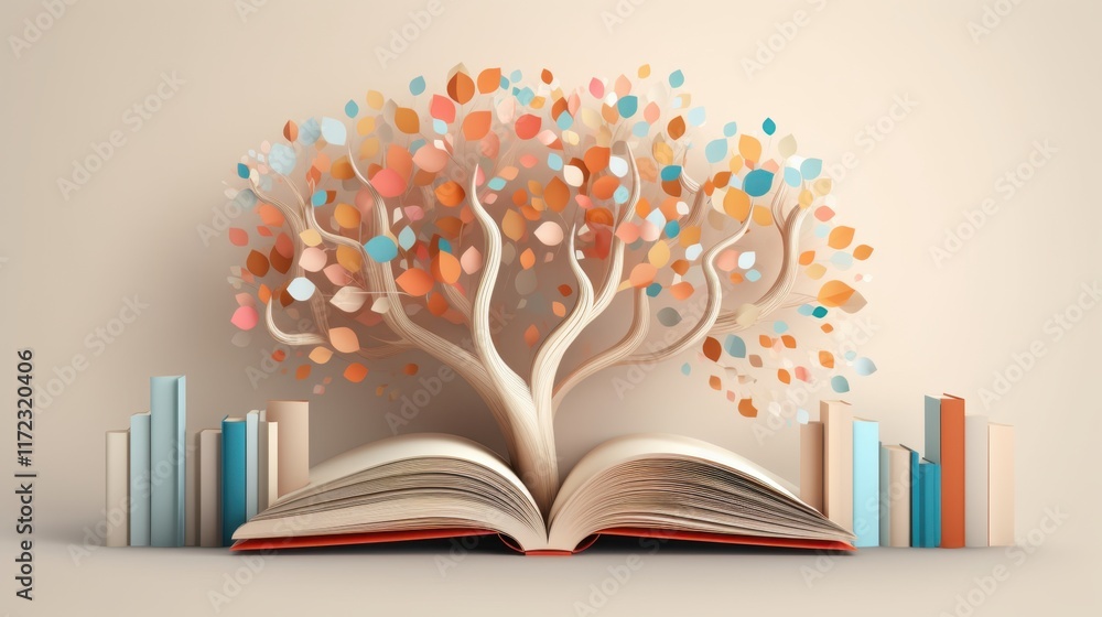 Poster open book with a tree of knowledge growing from its pages: a surreal illustration of reading and lea