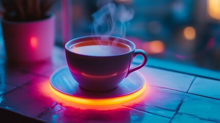 Steam rising in gentle winter light, a cup of herbal tea set on a glowing neon coaster, and a homey, minimalistic atmosphere for self-care