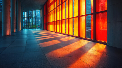 Fototapeta premium Abstract image of urban structures casting distorted, long shadows on the ground, illuminated by warm, low-angle sunlight, creating surreal contrasts between light and shadow in an urban setting 