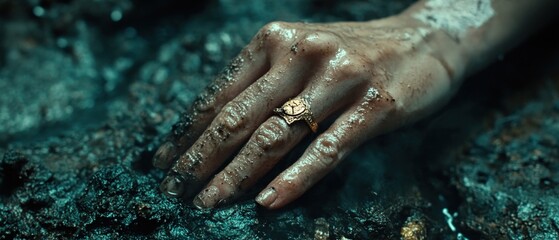 Fototapeta premium Close-up of a mud-covered hand with a ring, resting on dark, wet ground.