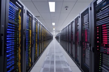 Fototapeta premium Wide View of a Modern Data Center With Rows of Illuminated Servers and Organized Cabling