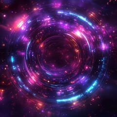 Obraz premium Glowing neon light circles in space with sparkling background