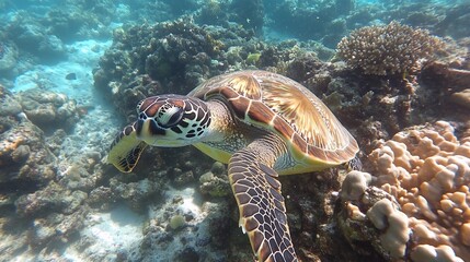 Fototapeta premium Sea turtle swimming near coral reef.