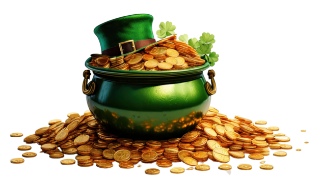 pot of gold with st Patrick's Day hat isolated on white background 